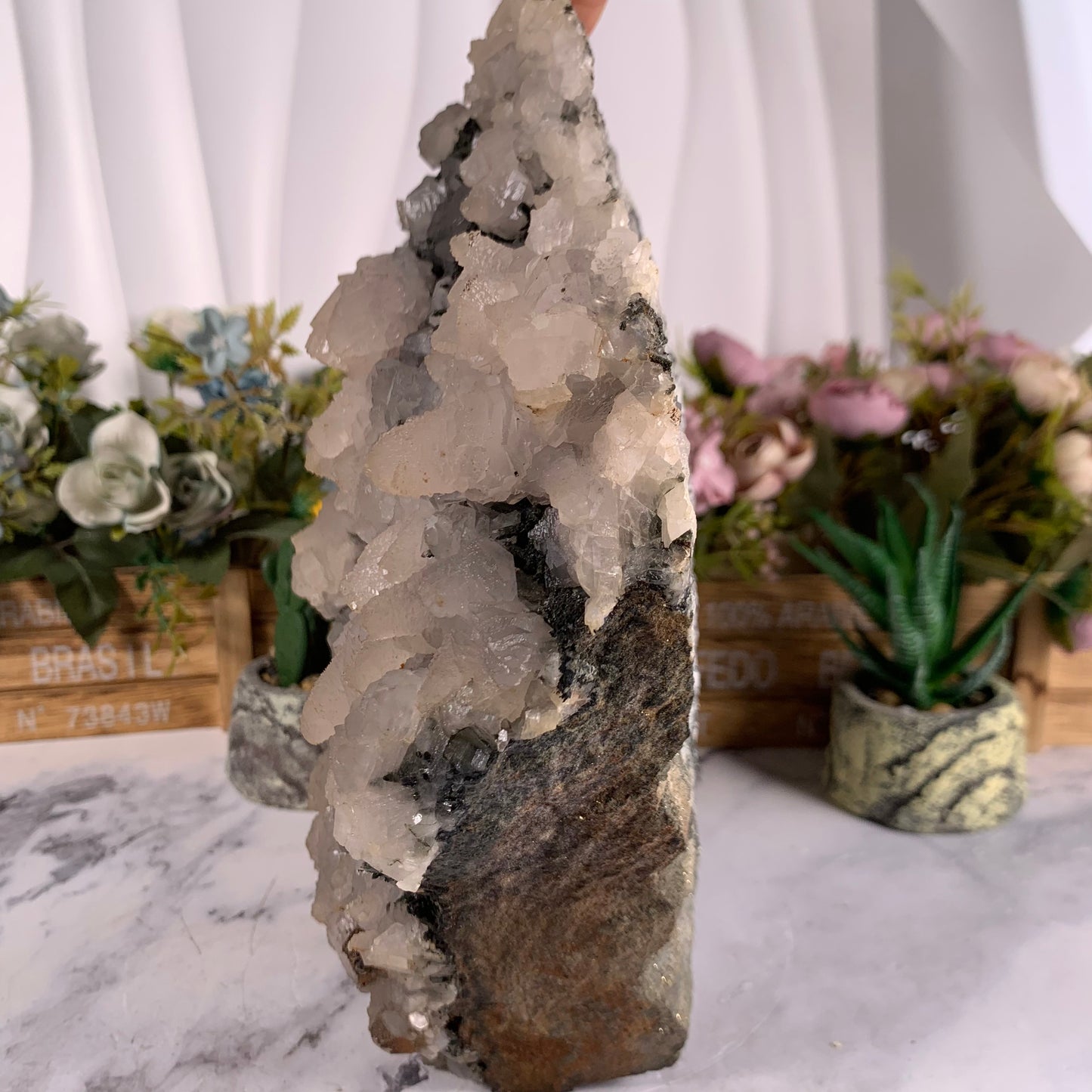 Pink calcite specularite quartz specimen