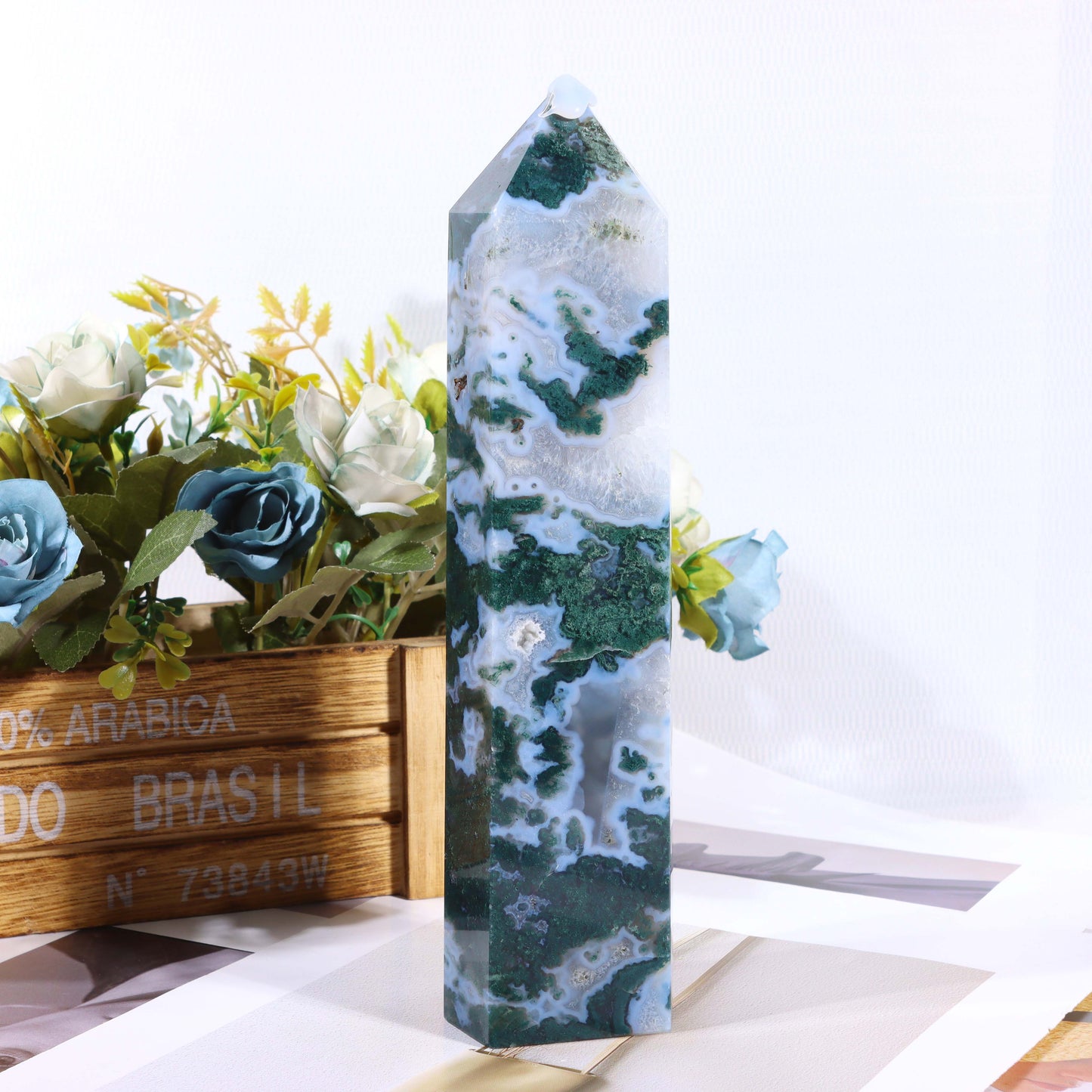 Moss Agate Crystal Tower