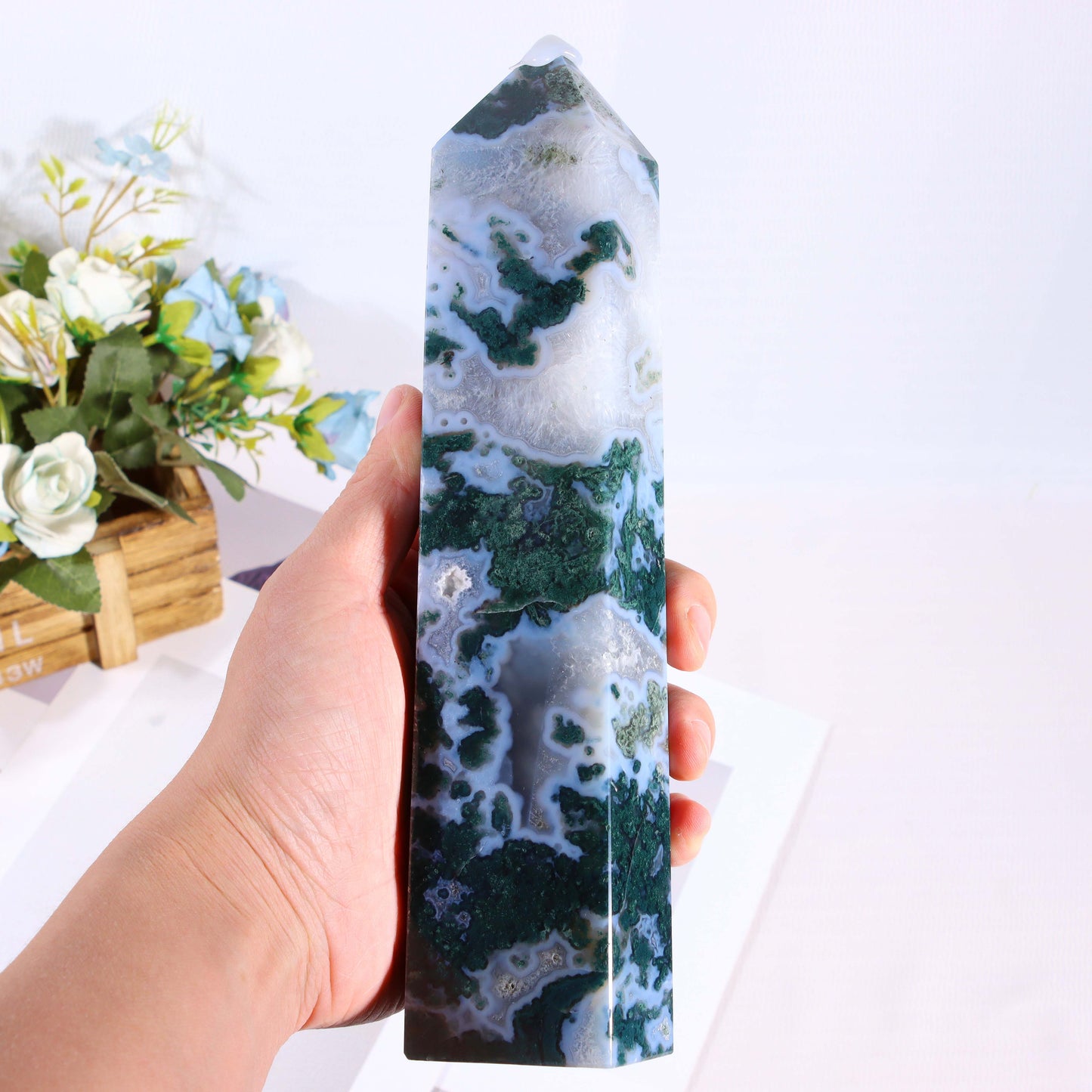 Moss Agate Crystal Tower