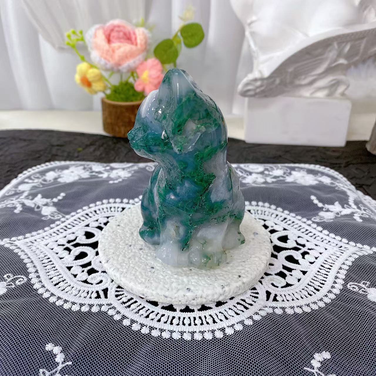 Moss Agate Cat Carving