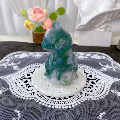 Moss Agate Cat Carving