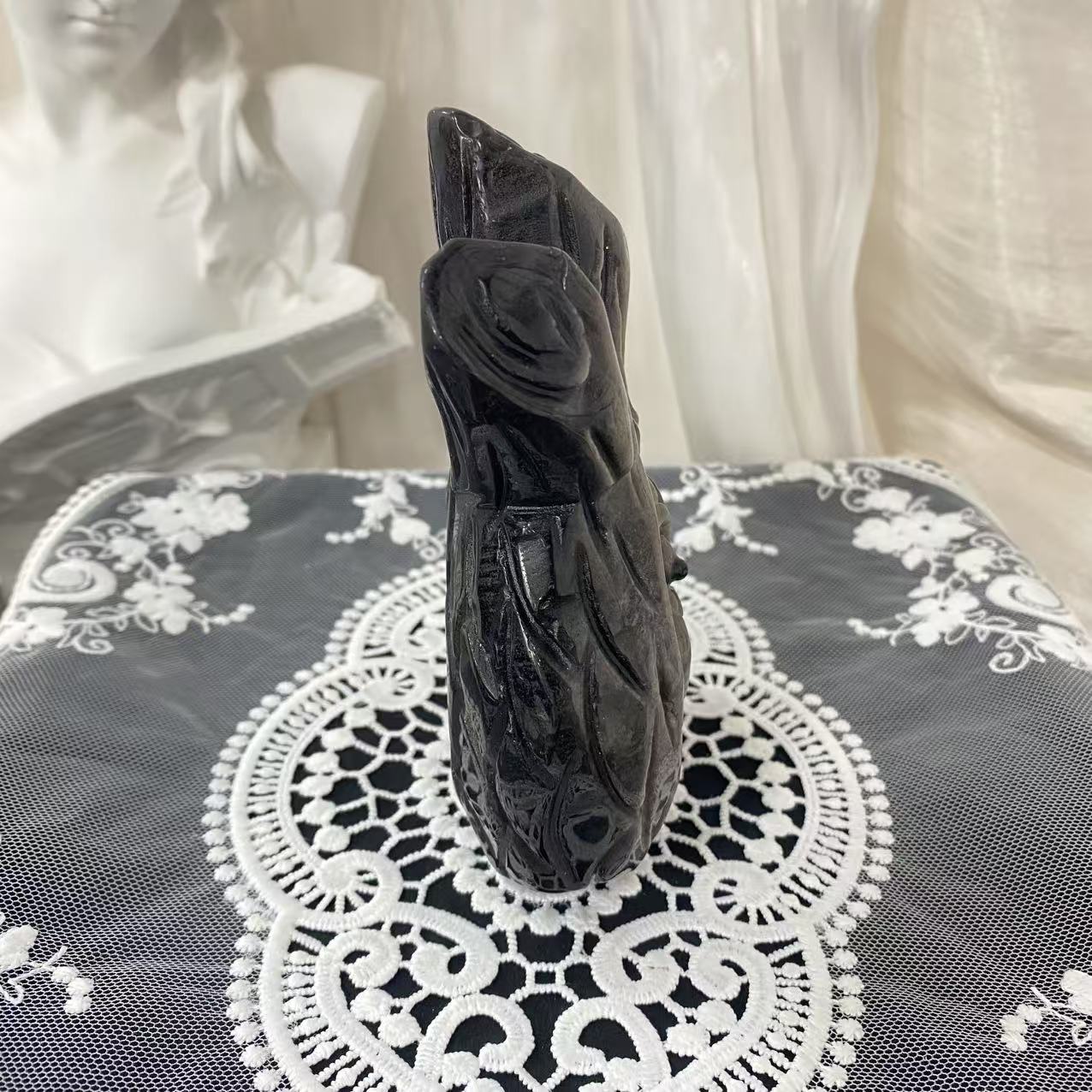 Silver Obsidian Tree Hollow Owl Carving
