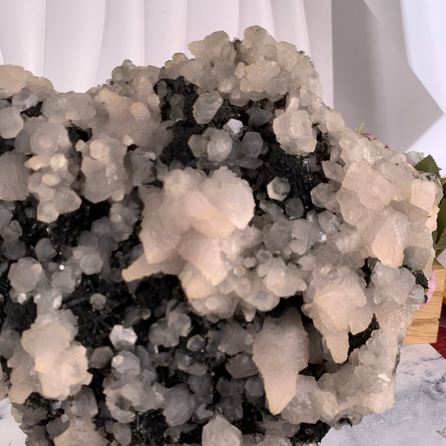 Pink calcite specularite quartz specimen
