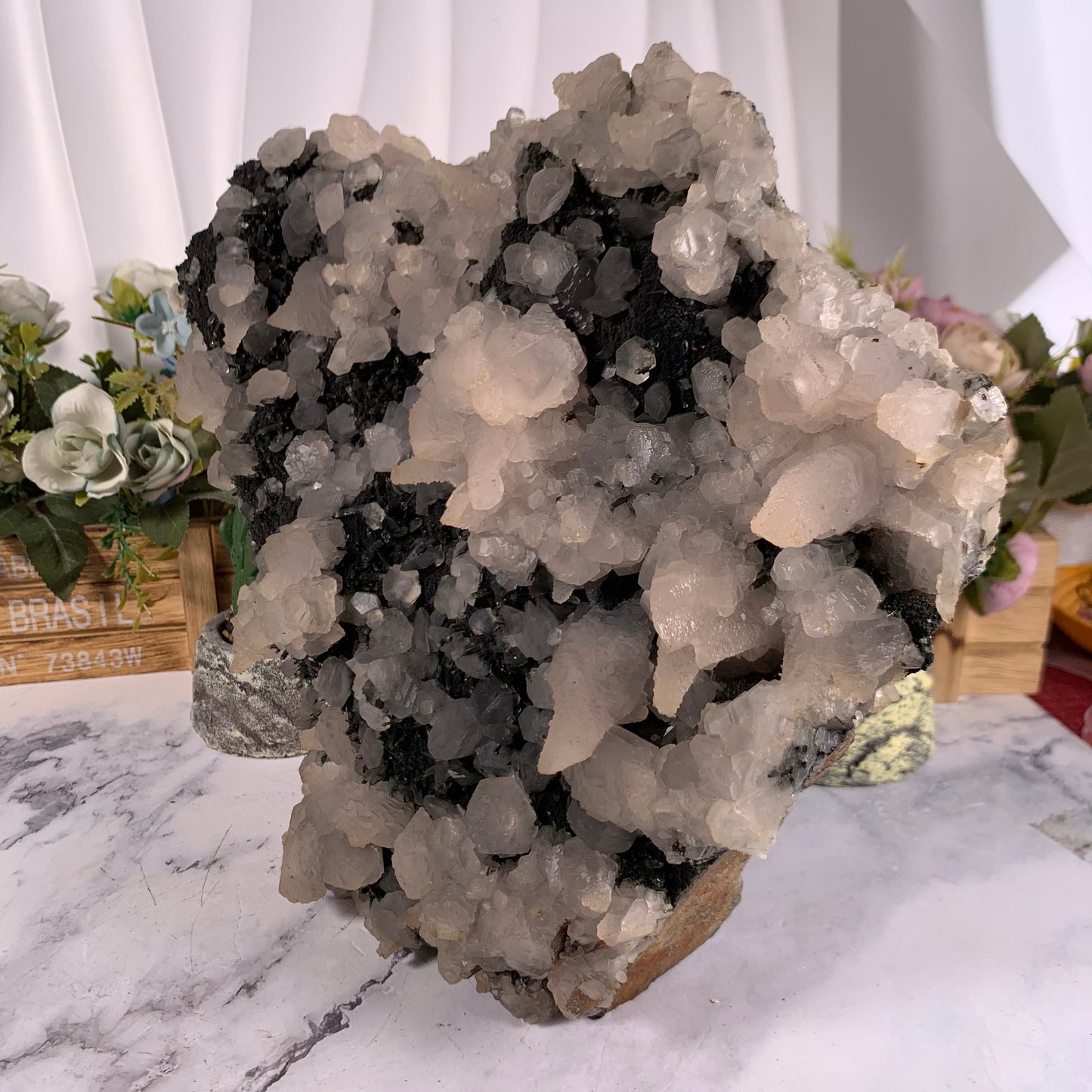 Pink calcite specularite quartz specimen