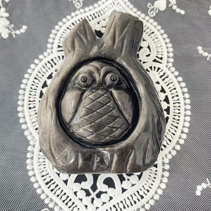 Silver Obsidian Tree Hollow Owl Carving