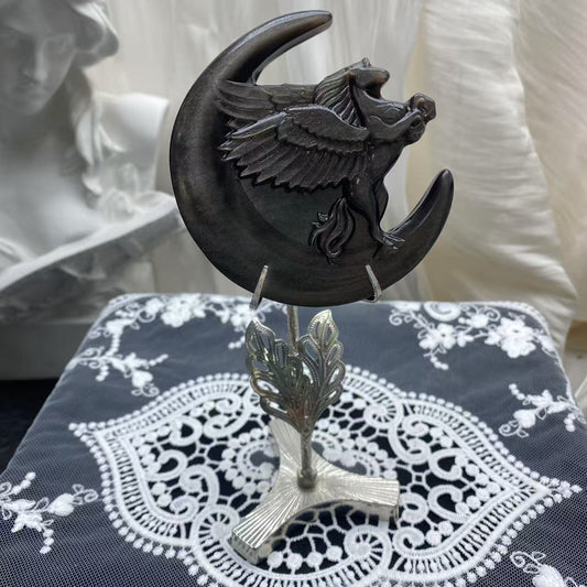 Silver Obsidian Moon Pegasus Carving