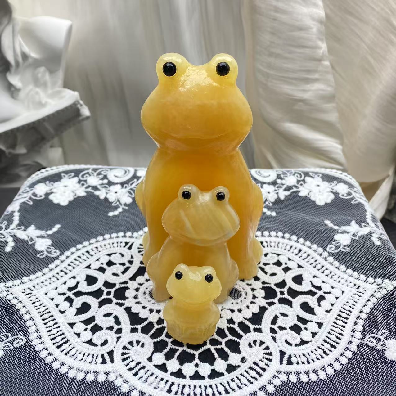 Yellow Calcite Frog Nesting Doll Carving