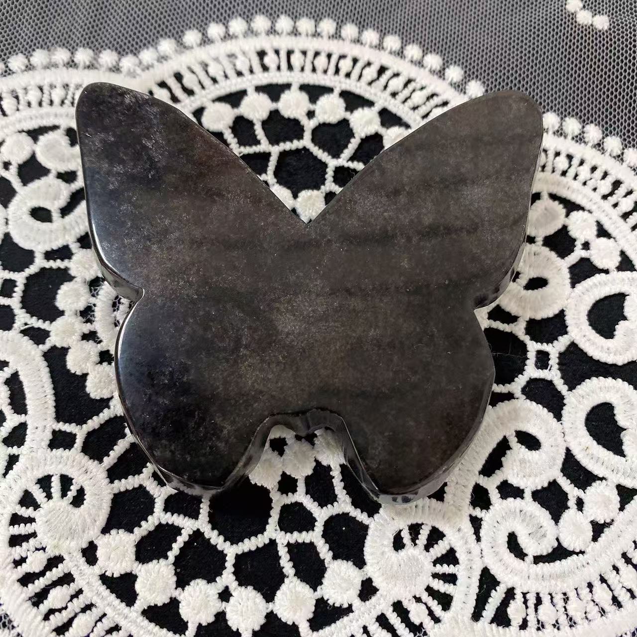 Silver Obsidian Butterfly Skull Carving