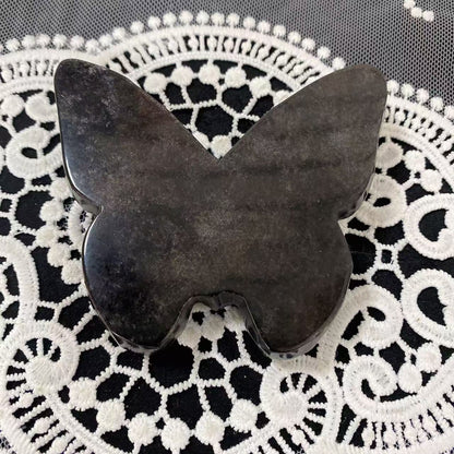 Silver Obsidian Butterfly Skull Carving