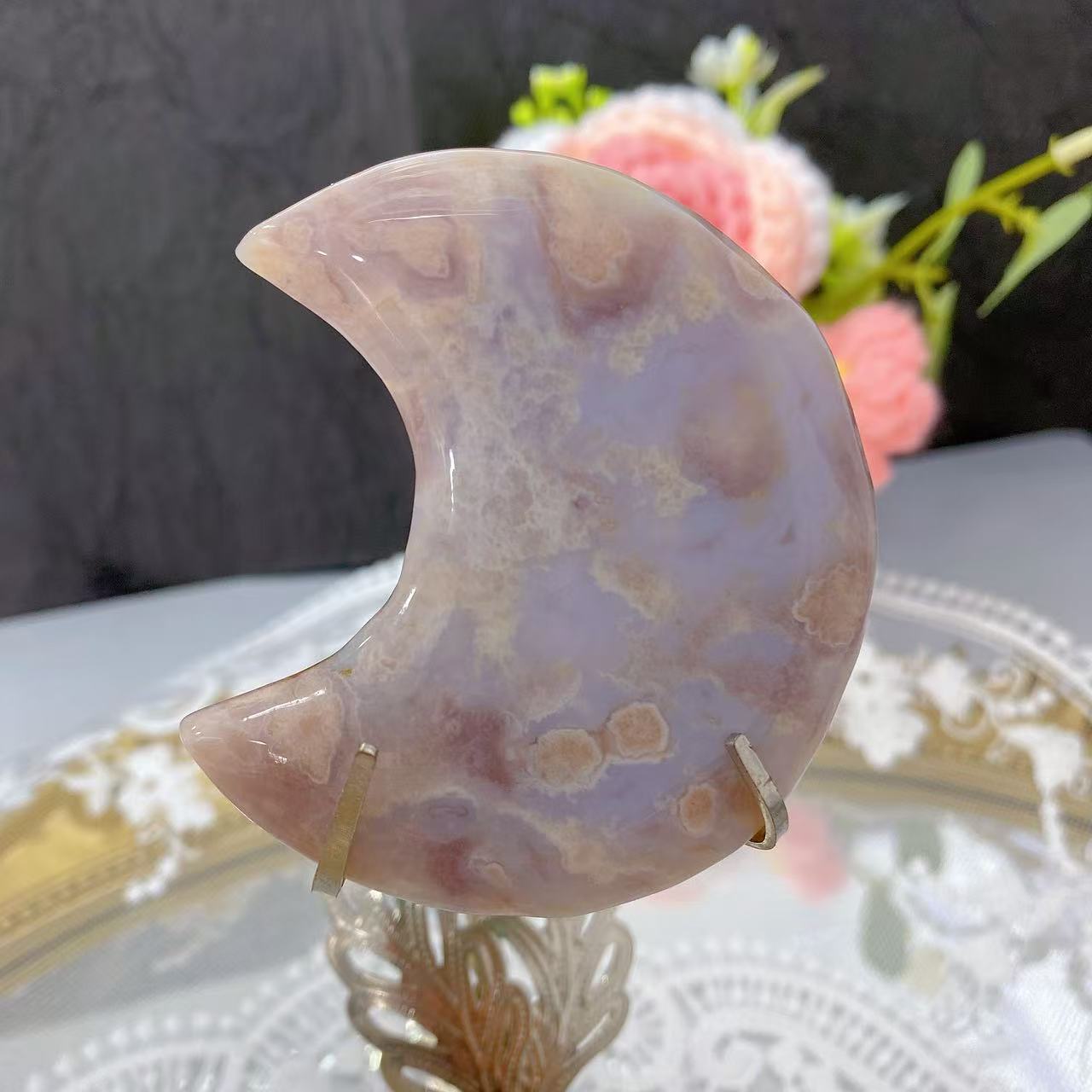 Pink Amethyst Flower Agate Moon Carving