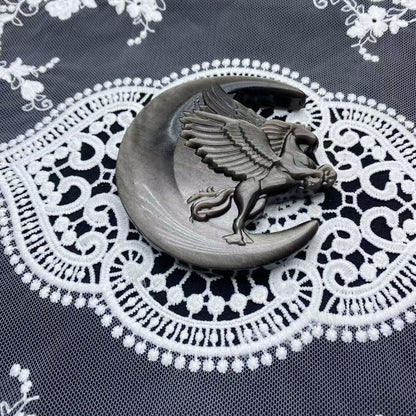 Silver Obsidian Moon Pegasus Carving