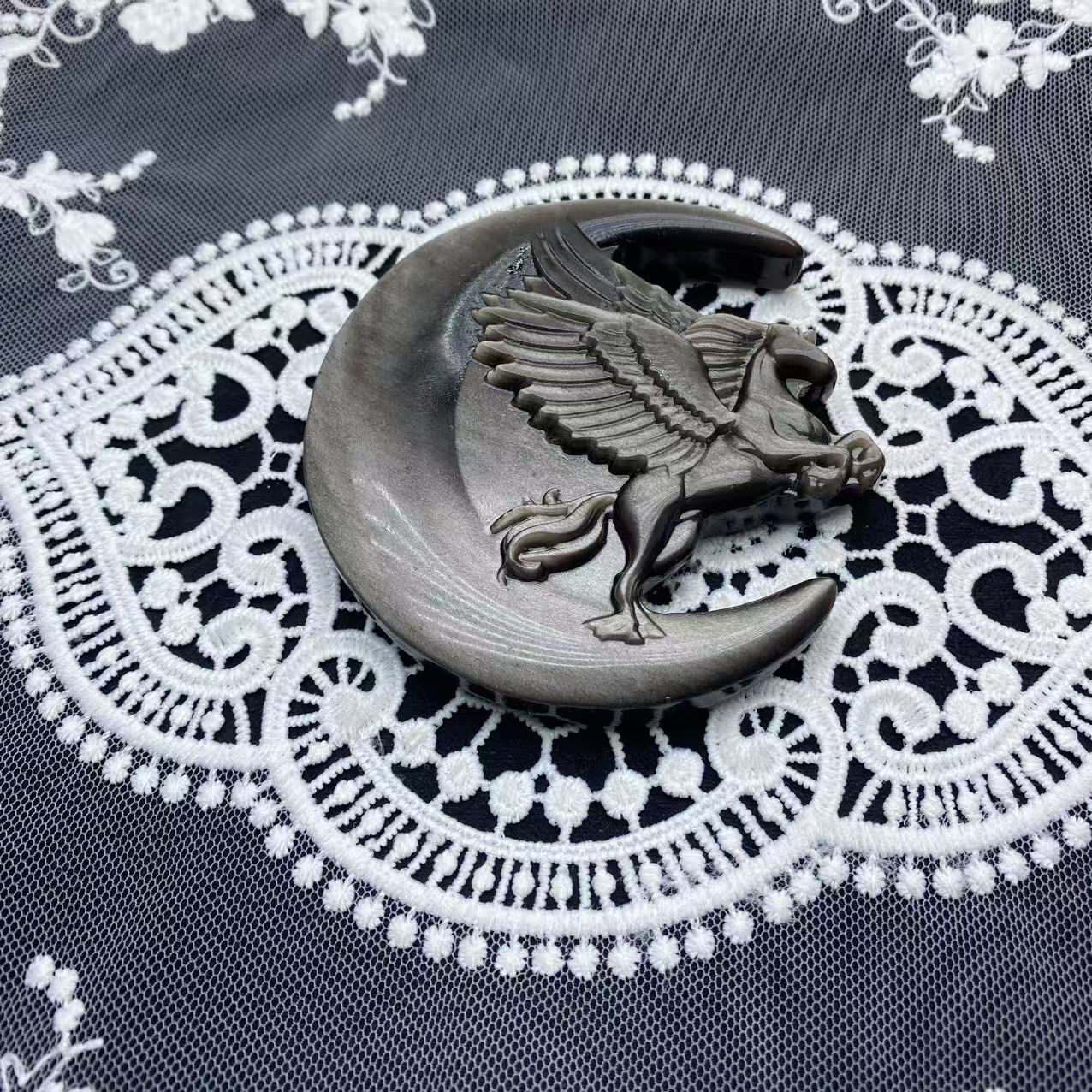 Silver Obsidian Moon Pegasus Carving