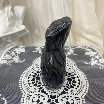 Silver Obsidian Tree Hollow Owl Carving