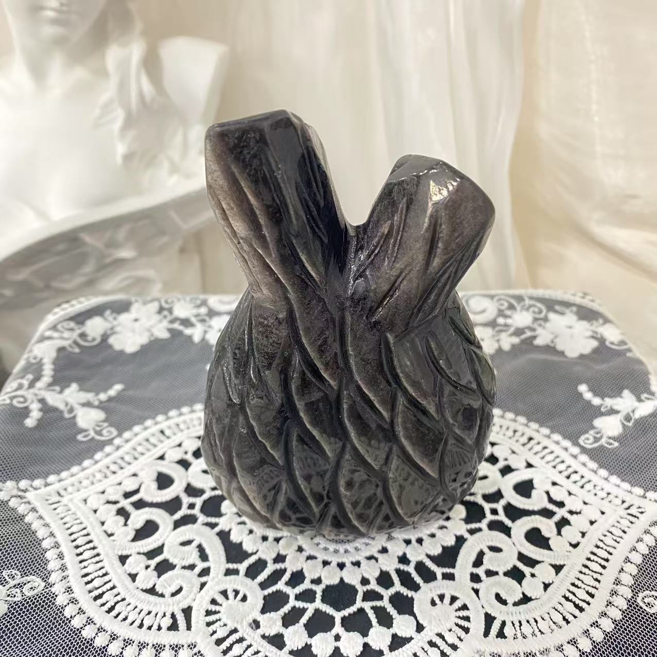 Silver Obsidian Tree Hollow Owl Carving