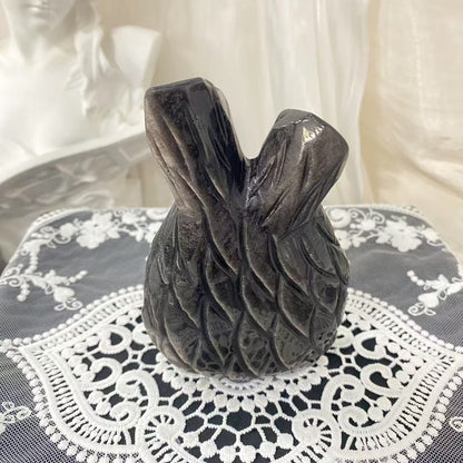 Silver Obsidian Tree Hollow Owl Carving