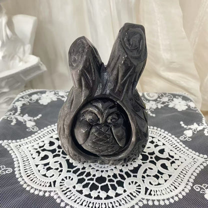 Silver Obsidian Tree Hollow Owl Carving