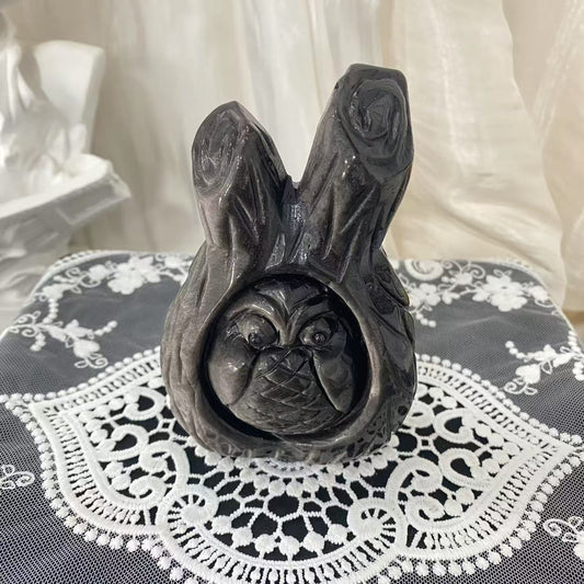 Silver Obsidian Tree Hollow Owl Carving