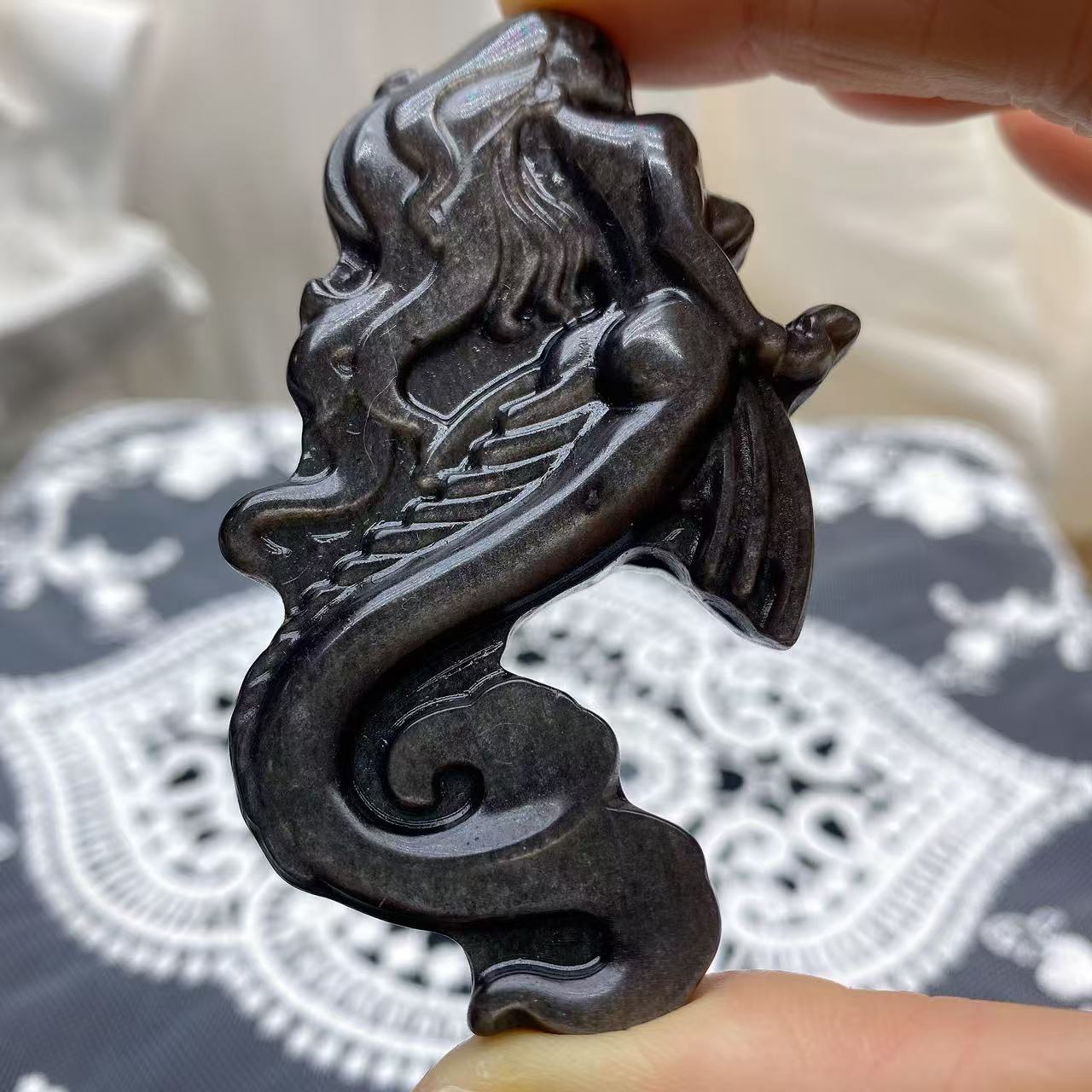 Silver Obsidian Mermaid Carving