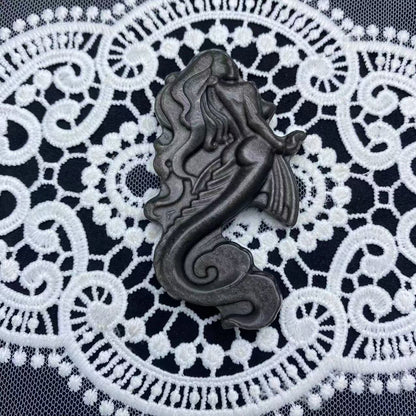 Silver Obsidian Mermaid Carving