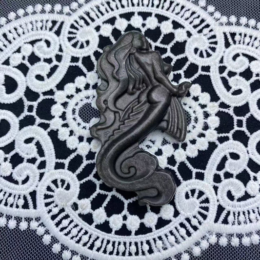 Silver Obsidian Mermaid Carving