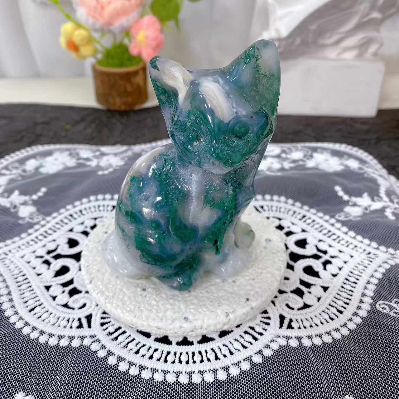 Moss Agate Cat Carving
