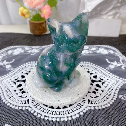Moss Agate Cat Carving