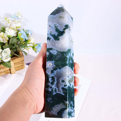 Moss Agate Crystal Tower