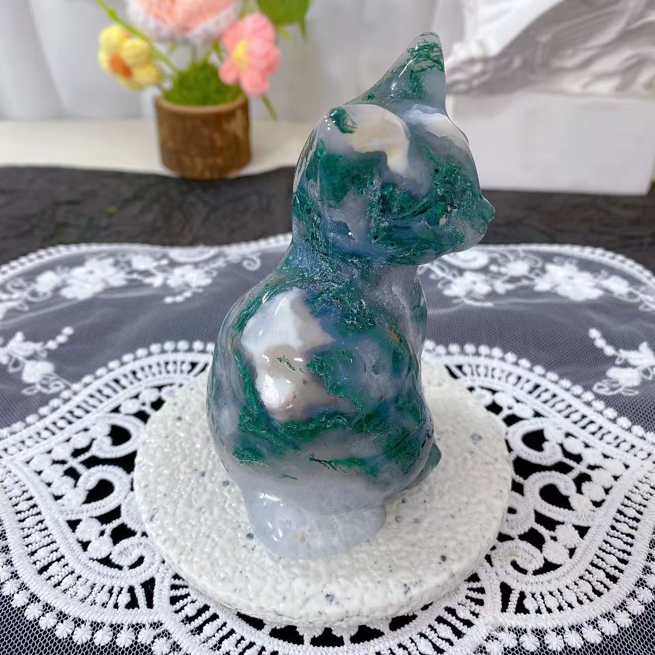 Moss Agate Cat Carving