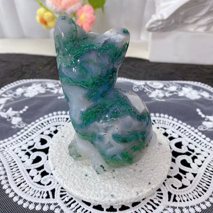 Moss Agate Cat Carving