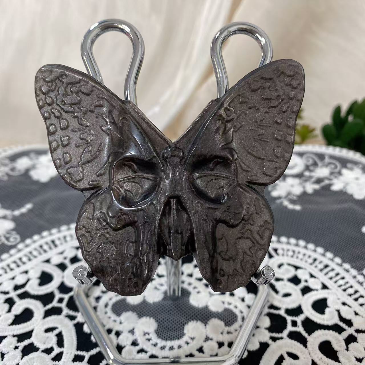 Silver Obsidian Butterfly Skull Carving