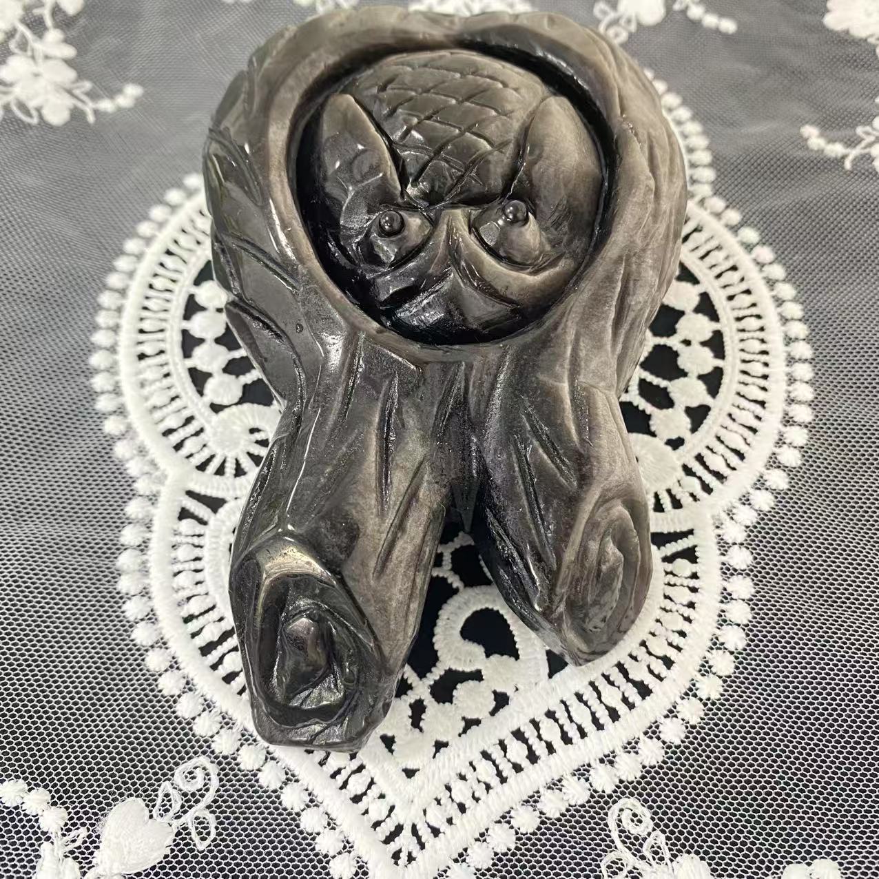 Silver Obsidian Tree Hollow Owl Carving