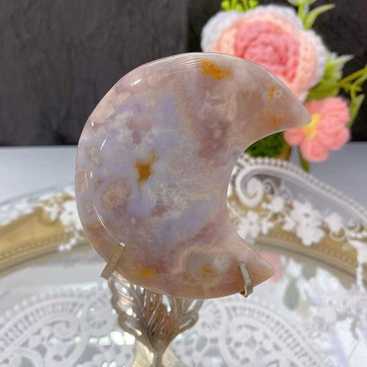 Pink Amethyst Flower Agate Moon Carving
