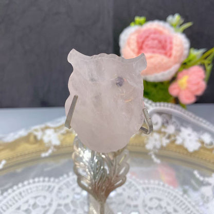 Rose Quartz Flat Owl Carving