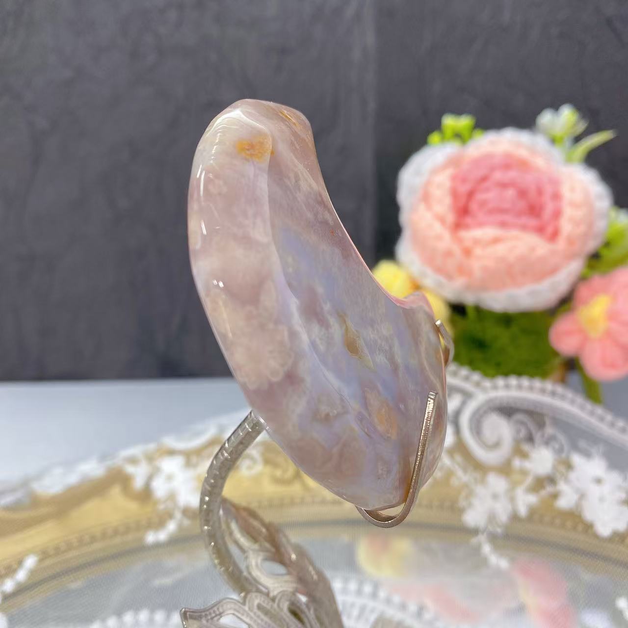 Pink Amethyst Flower Agate Moon Carving