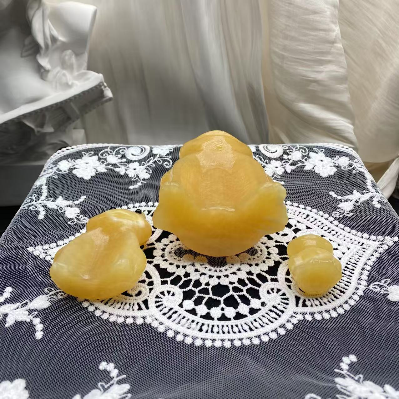 Yellow Calcite Frog Nesting Doll Carving