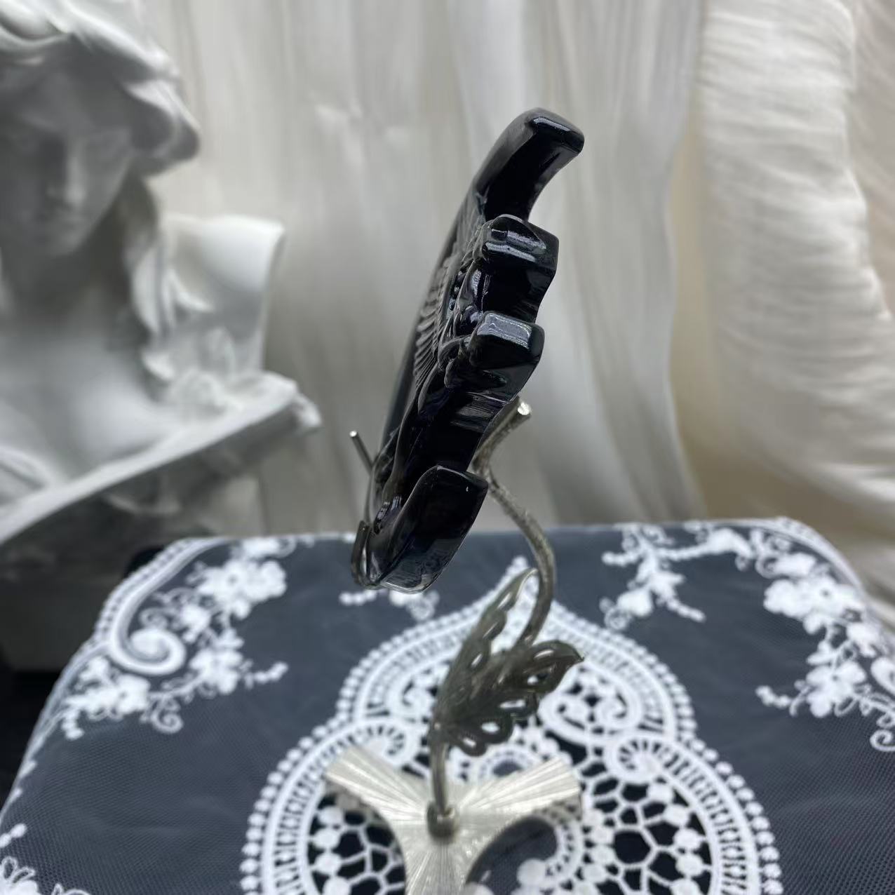 Silver Obsidian Moon Pegasus Carving