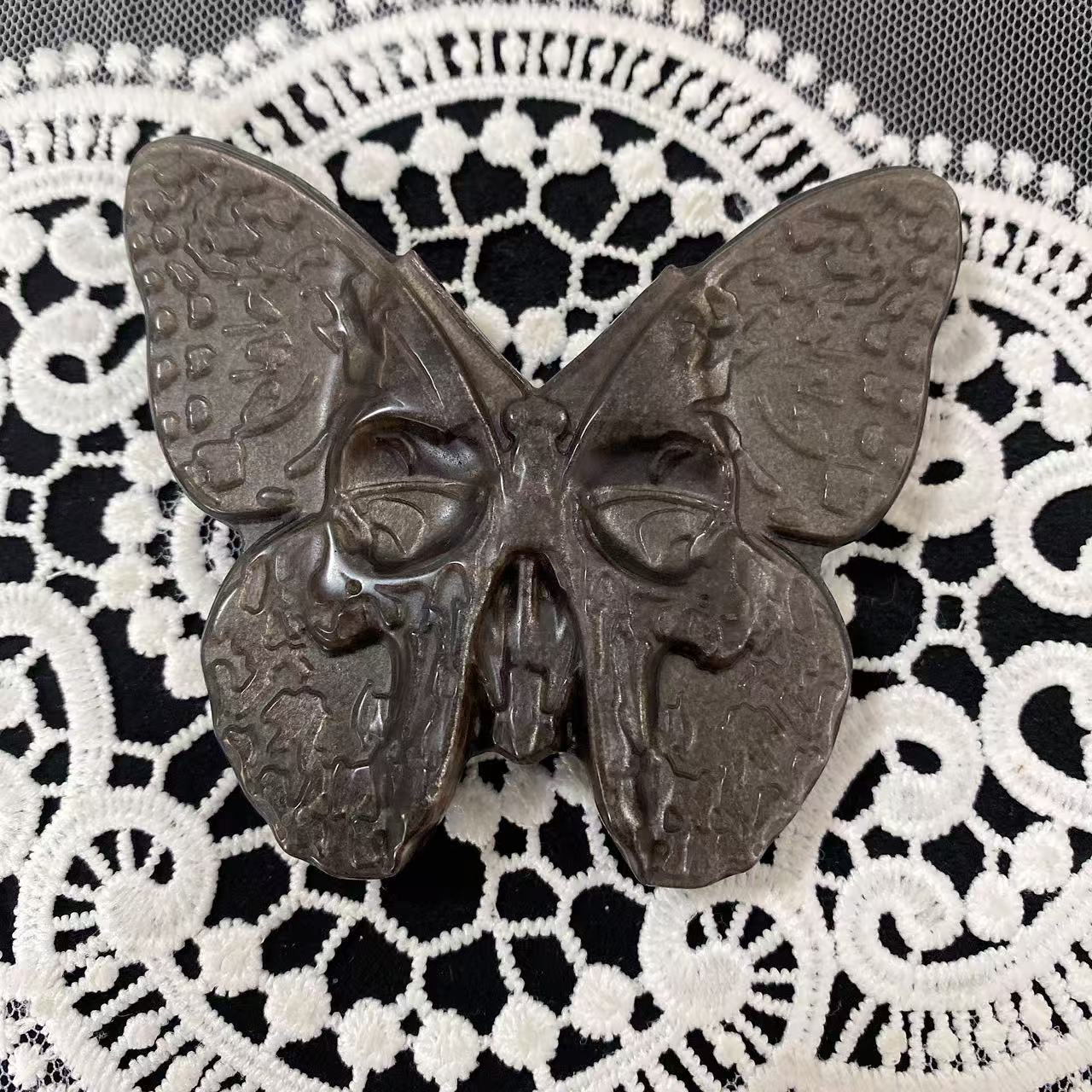 Silver Obsidian Butterfly Skull Carving