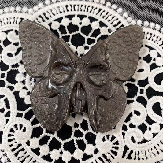 Silver Obsidian Butterfly Skull Carving